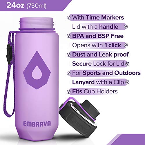 Image of Embrava Sports Water Bottle (24oz, Lavender) Carry Ring Lid Time Marker