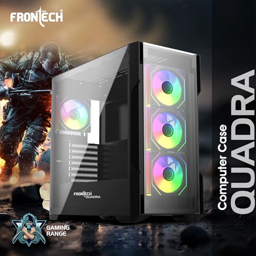 Image of FRONTECH QUADRA Gaming Computer Cabinet |120mm ARGB Fans | Washable Dust Filter | Tempered Glass Side Panel | USB 3.0, USB 1.0, Type-C, HD Audio /Mic | ATX /MATX Motherboard Support (FT-4385)