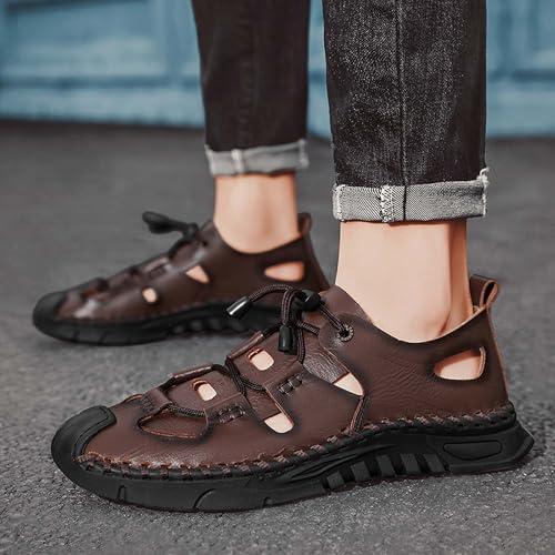 Men's Premium Cowhide Leather Sandals Non Slip Durable Rubber Outsole Hand Stitched Stylish Hollow Design Easy Lace Up Closure Comfortable Summer Footwear3