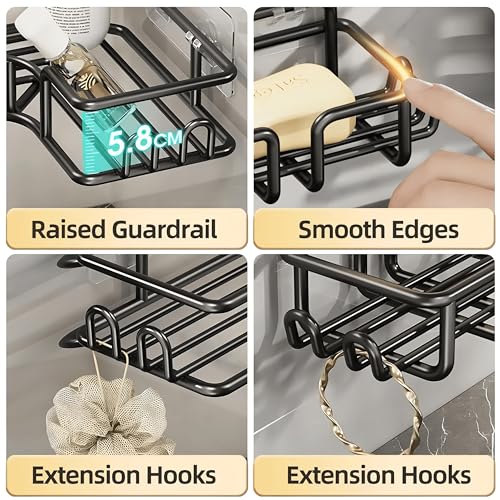Image of CLAPONE Bathroom Corner Shower Caddy Set of 4, No Drill Self Adhesive Shower Organizer Shelves, Rustproof Metal Bathroom Storage Rack with Soap Holder & Toothbrush Holder, Black