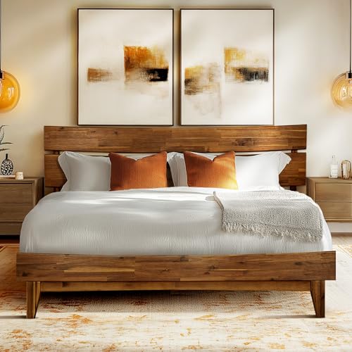 Acacia Aurora Wooden Bed Frame with Headboard, Bed Frame Queen