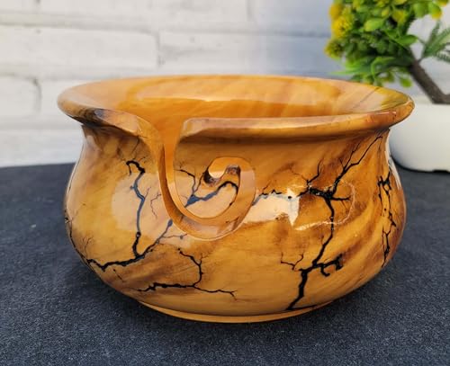 Image of Handmade Yarn Bowl - Lichtenberg Figure Yarn Bowl - Yarn Bowls with Holes Crochet Bowl Holder - Wooden Yarn Bowl for Knitting Yarn Ball Holder - Resin Yarn Storage Bowl 7 inch x 4 inch inches (Medium)