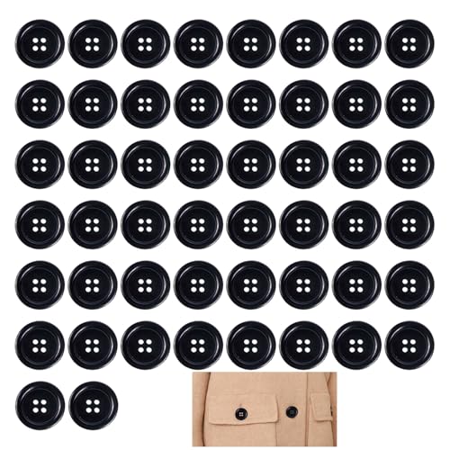 Lot de 50 Boutons Ronds en Résine 25 mm, Boutons Noirs avec 4 Trous 40L Ronds Plats Accessoires de Vêtements Bricolage et Décoration pour Vêtements...