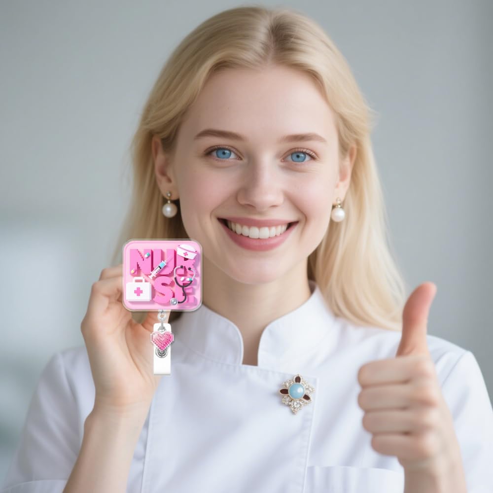 Funny Nurse Badge Reel for ID Card, Cute Pink Retractable Nurse Alligator Clip Badge Reel for Women, ID Name Tag Badge Holder for Office School Hospital Doctors Teachers - Image 6