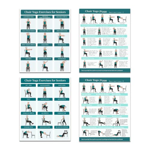 Chair Yoga Exercise Posters - 4 Pack Seated Workout Charts for Seniors & Beginners | 8x10 Inch Fitness Guides for Flexibility Strength Physical Therapy & Home Use (Green)