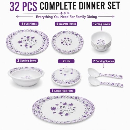Image of 32 Pcs Premium Melamine Dinner Set with Purple Floral Print | Lightweight & Durable Dinnerware Set for Family Dining (Floral Bloom)