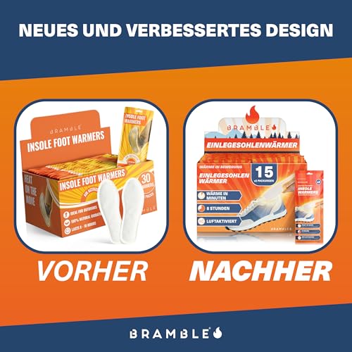 Bramble – Fußsohlenwärmer (15 Paar, 30 insgesamt) – Vollflächige Fußwärmsohlen für Schuhe und Stiefel – Luftaktiviert und geruchsfrei – Bis zu 10 Stunden Wärme