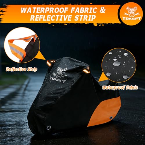 Image of Motorcycle Cover Waterproof All Season Outdoor Protection, Fits up to 96 Inch, Compatible with Sport Bikes & Cruisers with Locking Holes & Reflective Strips (Black&Orange)