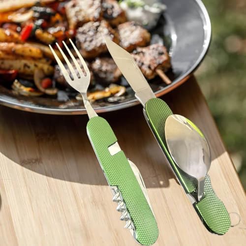 Hiwalker 6 in 1 Edelstahl Klapp besteck Camping besteck Set Outdoor Reise Besteck Kit Abnehmbare Geschirr Bewerben auf Wandern Reise Picknick Campen Festival (Schwarz und Grün)