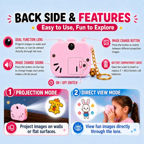 Image of GRAPHENE Cartoon Projection Real Camera Keychain Cute Bell Charm Multicolor Mini Key Ring Bag Tag Car Home Light Projector Toy for Kids 5-10 Years Girls Boys Kitty Birthday Return Gifts (Pack of 2)