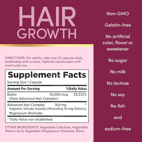 Image of Nature's Bounty Optimal Solutions Hair Growth Supplement with Biotin, Hair Growth Vitamins with Biotin Silicon & Arginine, 1 Per Day, 30 Capsules, One Month Supply