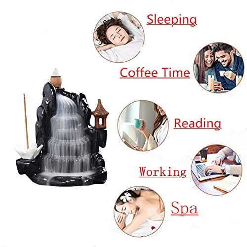 Backflow Incense Holder Waterfall Incense Burner, Mountain Tower Censer Aromatherapy Ornament Home Decor Size:4.64In*4.17In With 60 Backflow Incense Cones,50 Incense Sticks,Incense Socket，Mat，Clip #TOP4