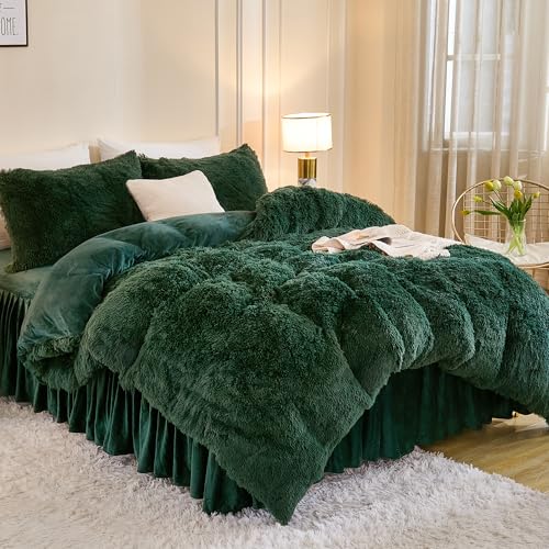 Andency Fluffy Emerald Green Comforter Set King Size, 3 Pieces Winter Faux Fur Warm Soft Fuzzy Plush Bedding Comforter Set (1 Velvet Comforter & 2 Pillowcases), Thick Heavy Puffy Comfy Bedding Set