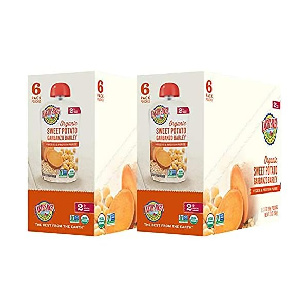 Earths-Best-Organic-Stage-2-Baby-Food-Sweet-Potato-Garbanzo-Barley-35-Oz-Pouch-Pack-of-12 Earth's Best Organic Baby Food Pouches, Stage 2 Protein and Veggie Puree for Babies 6 Months and Older, Organic Sweet Potato Garbanzo Barley, 3.5 oz Resealable Pouch (Pack of 12)