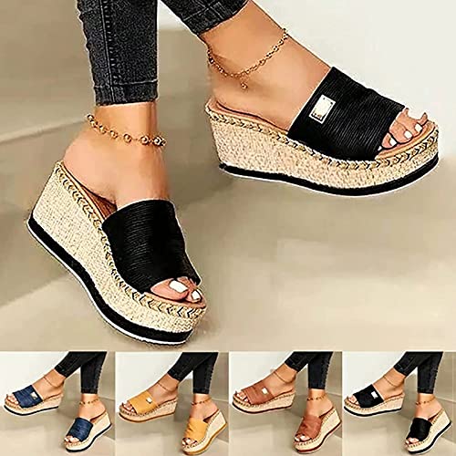 Women Wedges Shoes Mules 2021 Fashion Platform Non-Slip Sandal Summer Beach Home Slip on Slide Slippers Comfortable Walking Shoes Large Size,Brown,US4/EU35 6