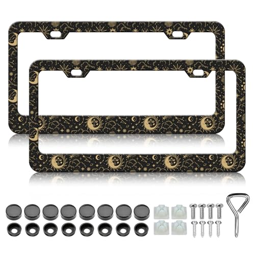 HCSS 2PCS Sun Moon Stars License Plate Frames, Cloud Starry Sky Aluminum Metal License Plate Holder Covers, Rust-Proof Waterproof Car Decorative Tag Frames for Standard US 12x6 Inch