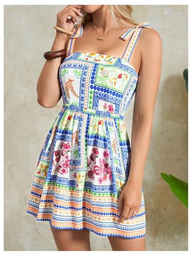 Image of MakeMeChic Women's Summer Floral Mini Dress Shirred Tie Shoulder Sleeveless A Line Short Cami Sundresses