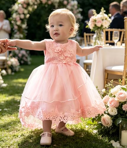 Image of Baby Toddler Lace Dress Girls First Baptism Elegant Embroidery Party Flower Bridesmaid Dresses Up