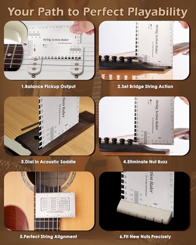 Image of String Action Gauge Ruler, Professional Guitar Setup Tool with Dual mm & 1 /64 inch Scales - for Electric, Acoustic, Bass Guitars - Includes Measurement Chart & Protective Sleeve - Print Silver Edition