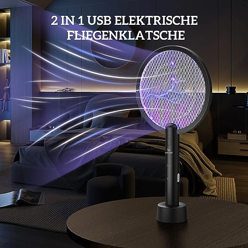 PALONE Elektrische Fliegenklatsche, 4000V Wiederaufladbar Insektenvernichter UV Elektrischer Mückenklatsche USB Fliegenfänger Insektenfalle mit Basis - Schwarz 2