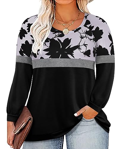 Image of TIYOMI Plus Size Tops for Women Raglan Long Sleeve V Neck T Shirts Casual Color Block Leopard /Floral Tops Winter Tee Shirt