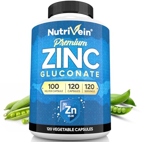 Nutrivein Premium Zinc Gluconate 100mg - 120 Capsules - Immunity Defense Boosts Immune System & Powerful Antioxidant - Promotes Healthy Skin and Acne Defense - Essential Elements for Absorption