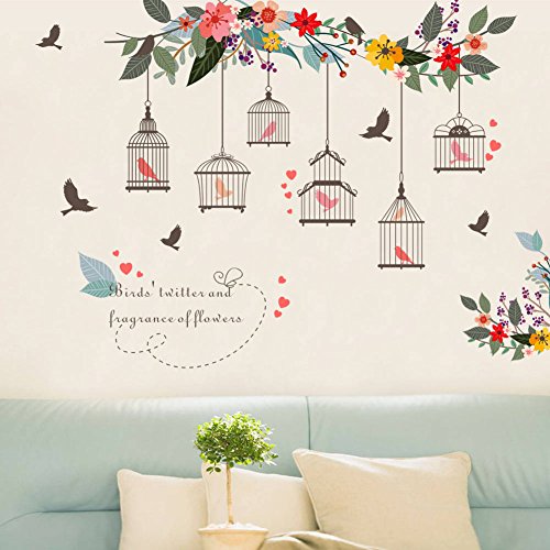Bibitime Colorful Flower Vines 6 Birdcages With Birds Wall Decal English Letter Quotes For Living Room Porch Office Window Sticker Kids Room Decor Art Mural Diy #TOP2