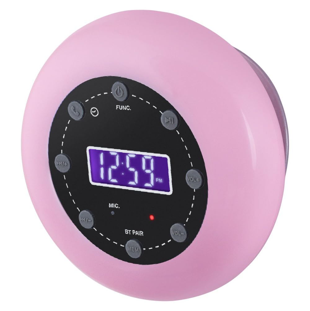 HANNLOMAX HX-159CR Shower Clock Radio, PLL FM Radio, Bluetooth with Hand-Free Function, LCD Display, Waterproof (IPX4), Built-in Li-ion Rechargeable Battery, Unique Suction Cup Design. (Pink)