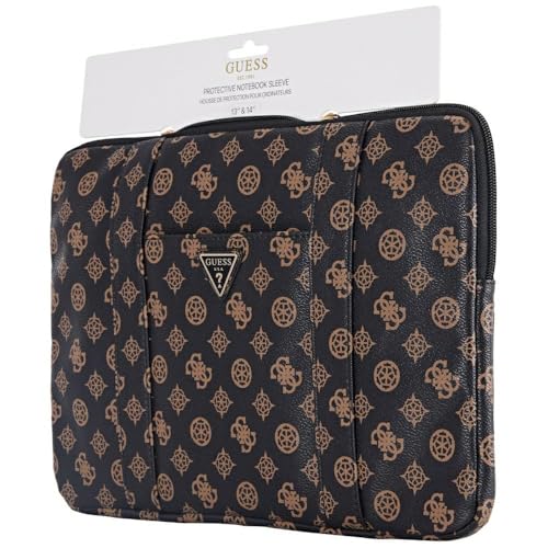 Image of Guess 14-Inch Laptop Sleeve Case Official Licensed by CG Mobile | Elegant Peony Pattern, PU Leather with Front Pocket & Triangle Metal Logo | Stylish Protective Laptop /MacBook Bag for Men & Women