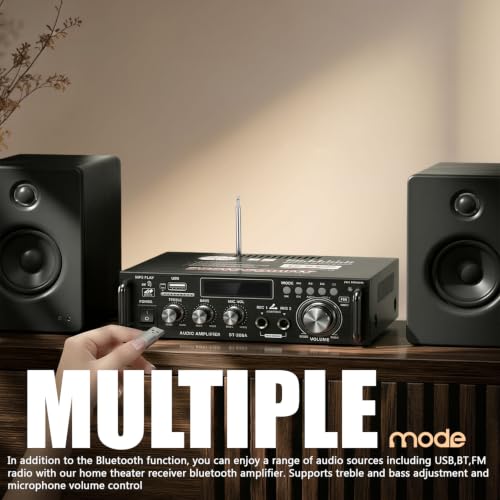 Image of FABTEC 2-Channel Karaoke Home Amplifier with Bluetooth 5.0, 300W + 300W High Power Output, USB /FM Playback, Dual Microphone Inputs, Bass & Treble Adjustment, Remote Control Included