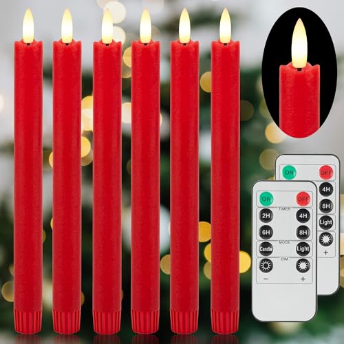 Image of Red Flameless Taper Candles with Remote, Real Wax Battery Operated Candles | Flickering Christmas LED Candlesticks with 3D Wick, 0.78 x 9.64 In, Xmas Decor for Home Table Fireplace Indoor Party, 6 Pack