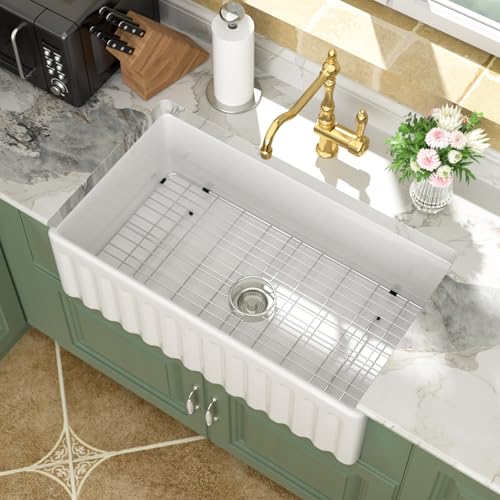 Logmey 33 Inch White Fireclay Farmhouse Sink with Pop-up Drain
