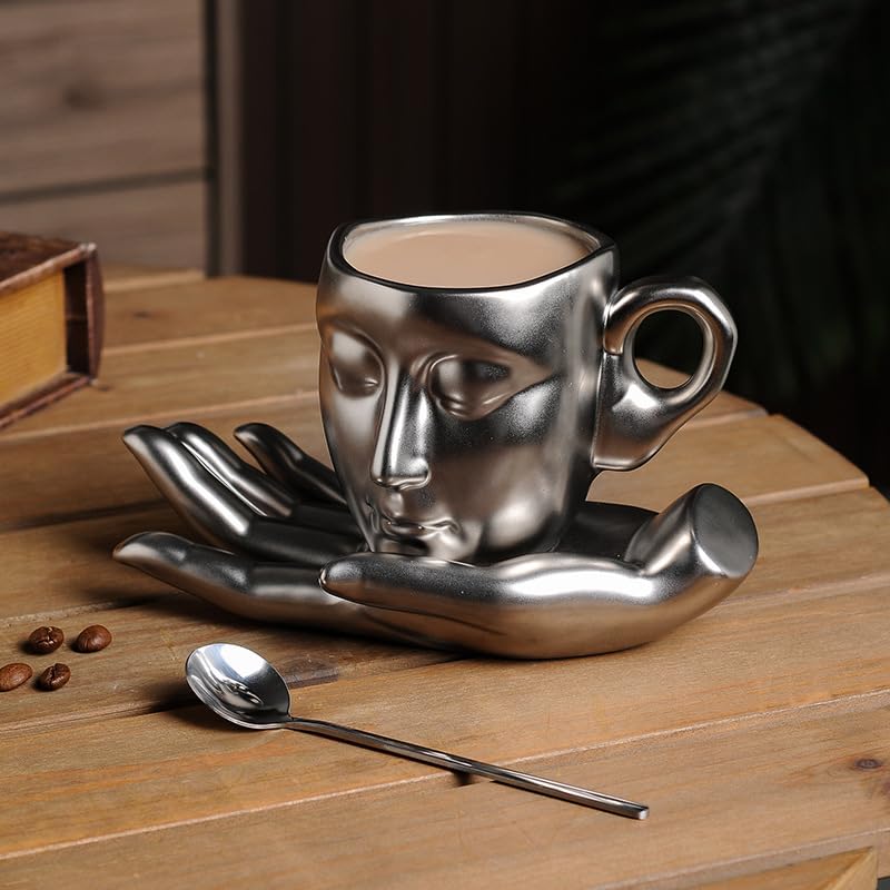 SJTJSPX Tazas de café de cerámica con divertido alivio de retrato de 9.2 onzas, juego de taza con platillo en forma de palma, tazas con asas para té, chocolate caliente, leche, café con leche