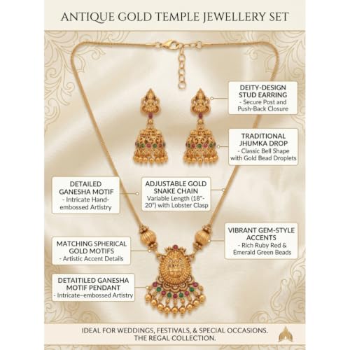 Image of Traditional Gold-Plated Lakshmi Temple Pendant Necklace Set for Women | Antique South Indian Jewelry with Jhumka Earrings | Ethnic Bridal, Wedding & Festive Jewelry Set
