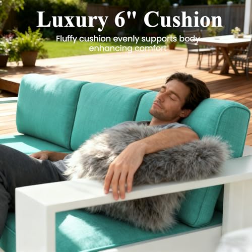Image of LayinSun Oversized Aluminum Outdoor Furniture Set, 4 Piece Patio Sofa Sets with Coffee Table, Deep Seating and Upgraded 6-inch Cushions for Porch, Balcony, Deck