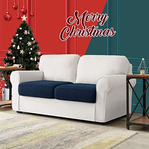 Image of CHUN YI Stretch Couch Cushion Cover, Fitted Loveseat Sofa Chair Seat Slipcover Furniture Protector, Checks Spandex Jacquard Fabric(2,Dark Blue), 2