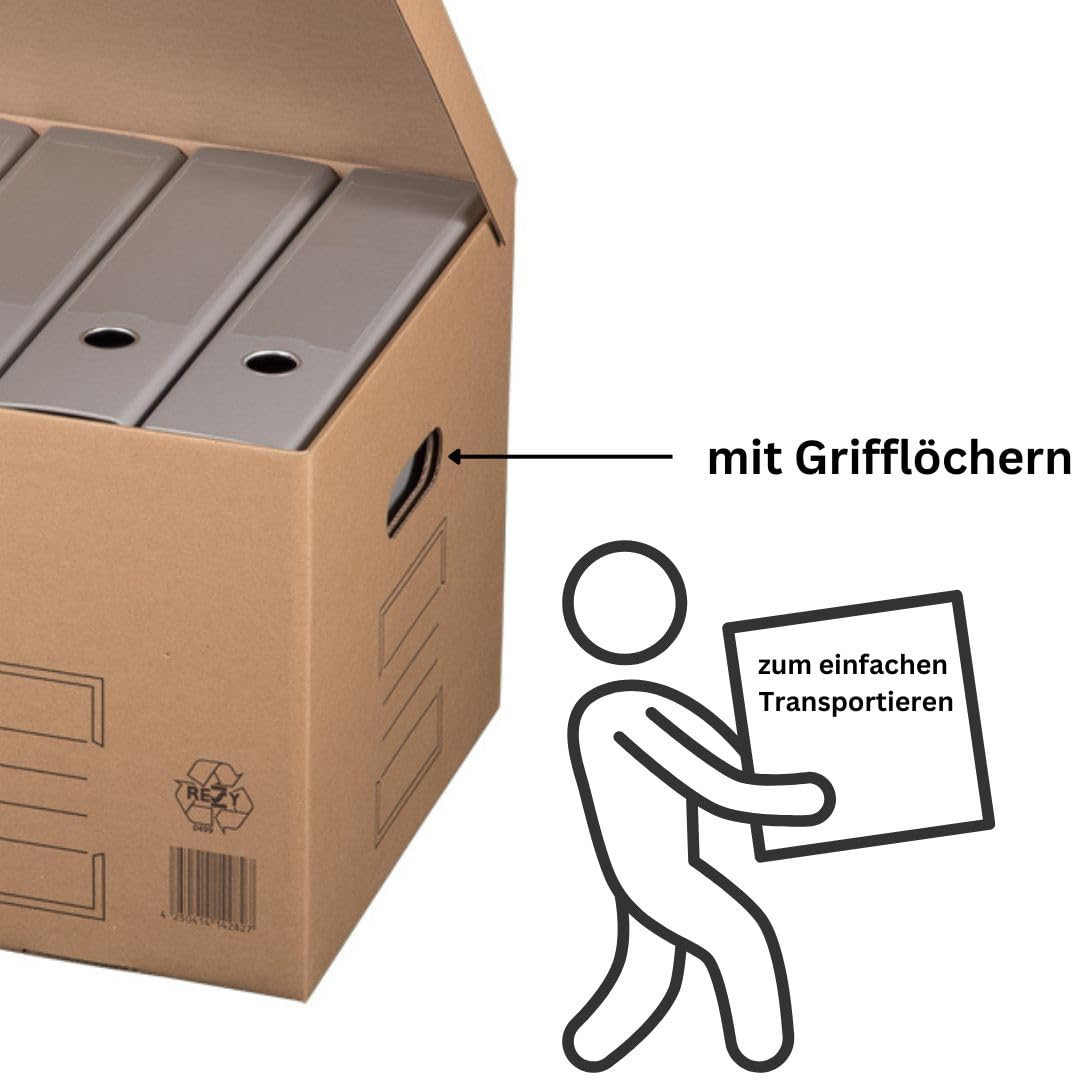 10 Stück Archivkarton mit Klappdeckel Aufbewahrungsbox aktenordner mit Tragegriffen. Archivboxen Aktenkarton für je 5 große A4 Aktenordner. Aufbewahrung mit Deckel. Aktenablage Archivbox.