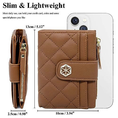 LJCZKA Womens Wallet Card Holder Small Bifold RFID Blocking Purse Short Quilted Leather Pocket for Women Girls Ladies (Brown)3