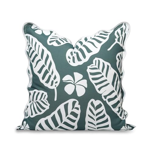 Hofdeco Premium Coastal Hampton Patio Indoor Outdoor Throw Pillow Cover Only, 20"x20" Water Repellent for Backyard, Couch, Poolside, Forest Green Print Palm Leaves and Hisbucs Flowers