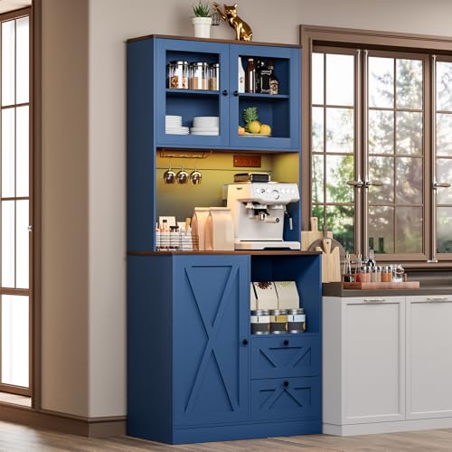 Image of 71''Kitchen Pantry Storage Cabinet with LED Lights and Power Outlet, Tall Farmhouse Kitchen Hutch with Microwave Stand,Globet Hooks and Adjustable Shelf for Dining Living Room,Blue