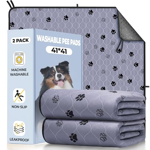 Image of Fostanfly Washable Dog Pee Pads for Dogs, 2-Pack 41 inchx41 inch Large Reusable Potty Training Pads, Ultra-Absorbent, Leak-Proof & Non-Slip, with 8 Lanyards for Playpen, Crates & Furniture, Gray