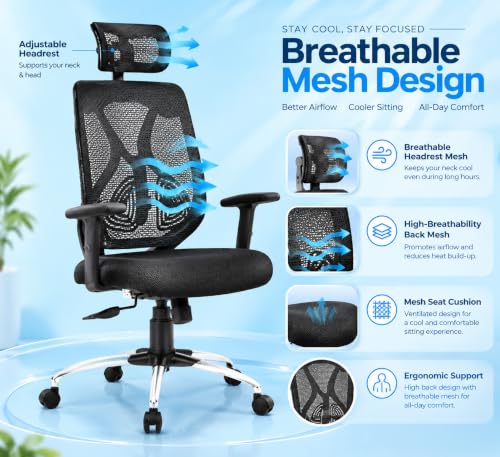 Image of VELORA Ergonomic Office Chair - High Back Mesh Computer Chair with Adjustable Lumbar Support, Headrest, Armrests | Height Adjustable, Tilt Lock | Work from Home, Study, Gaming | 100kg Capacity, Black