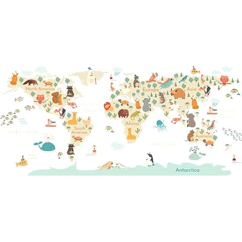BuerHomie Wall Sticker for Children's Room, World Map and Animals, Wall Decoration for Baby Room Cover