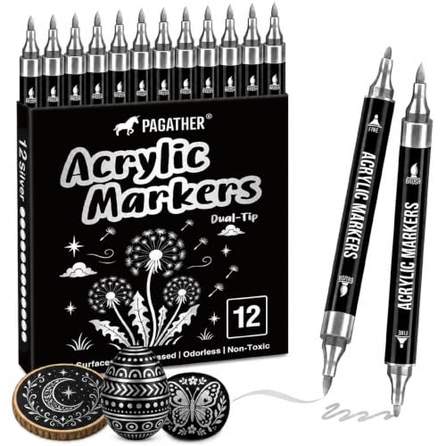 Image of Pagather Silver Acrylic Paint Markers, Dual Tip with Fine Tip and Brush Tip Pens for Fabric, Stone, Wood, Canvas, Ceramic, Metal, Glass, Rock Painting, DIY Crafts