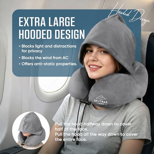 Image of SkytraxComf Travel Neck Pillow with Hood for Privacy on Long Flights | Memory Foam | Airplane Sleep | Safety-Tested Materials | Extra Large Hood | Chin Support | Earplugs | Washable Cover