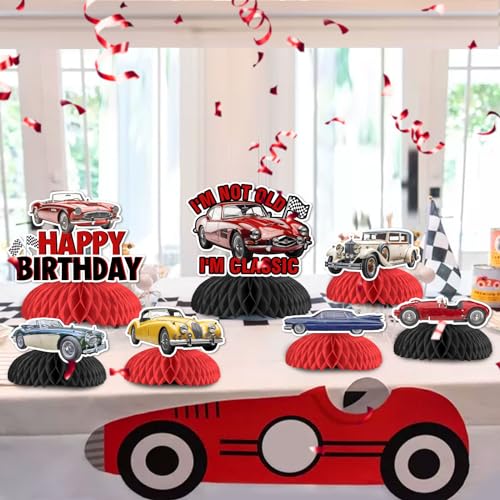 Fiesta de cumpleaños de coche clásico vintage: 8 centros de mesa de panal de abeja infantiles