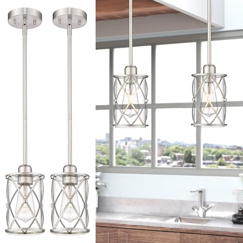 Osimir Brushed Nickel Pendant Lights Kitchen Island 2 Pack, Mini Glass Pendant Light Fixtures with...