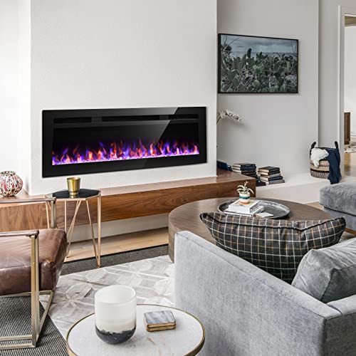 Litsdfm 50 Inch Electric Fireplace, Recessed And Wall Mounted Fireplace, Fireplace Heater And Linear Fireplace, With Timer, Remote Control, Adjustable Flame Color, 750/1500W, Black #TOP1