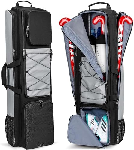 GOBUROUS 4 Stick Field Hockey Bag with Shoulder Straps, Backpack with Separate Shoe Compartment and Multi Pockets for Hockey and Lacrosse Equipment