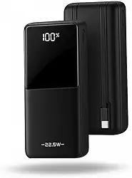 Power Bank Carregador portátil 20000mAh com Carregamento Turbo 22.5W, Saída Rápida Tipo-C e Lightning Integrados, Compatível com Android e iPhone, Cabo Embutido e Visor Digital de Carga